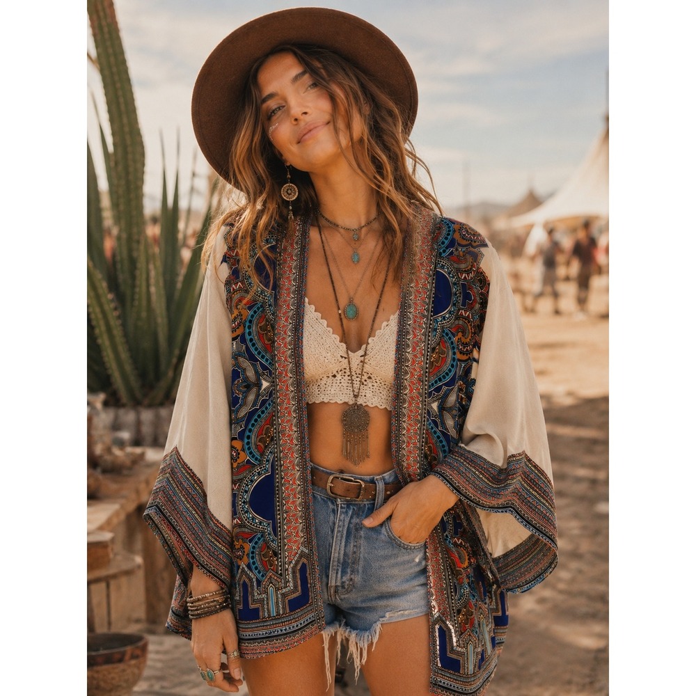 Y2K Greylin Kimono Open Front Top Womens S Cream Blue Medallion Print Festival